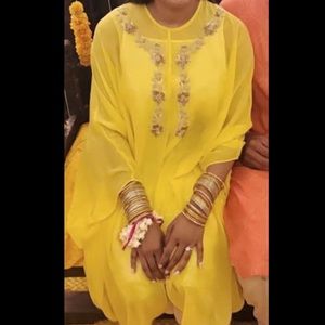 Yellow embroidered cape style Pakistani dress